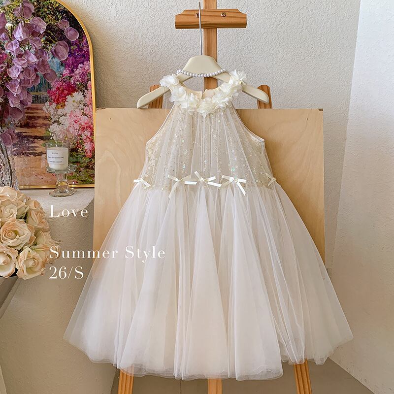 【予約販売】90-150cm 首元のお花畑モチーフが可憐な♡ スパンコール&ウエストリボン香る上品なキャミソールチュールドレス✨(シャンパンアイボリー)