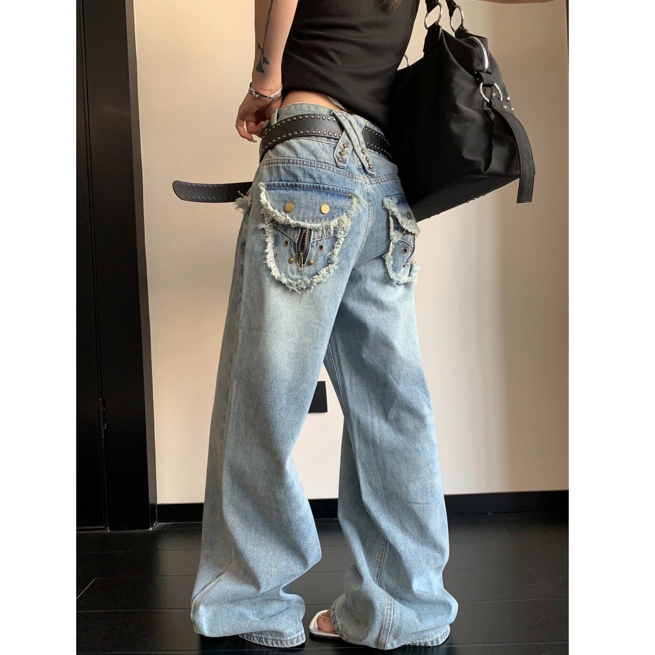 ダメージライクフラップポケットワイドデニムパンツ 1col R02442