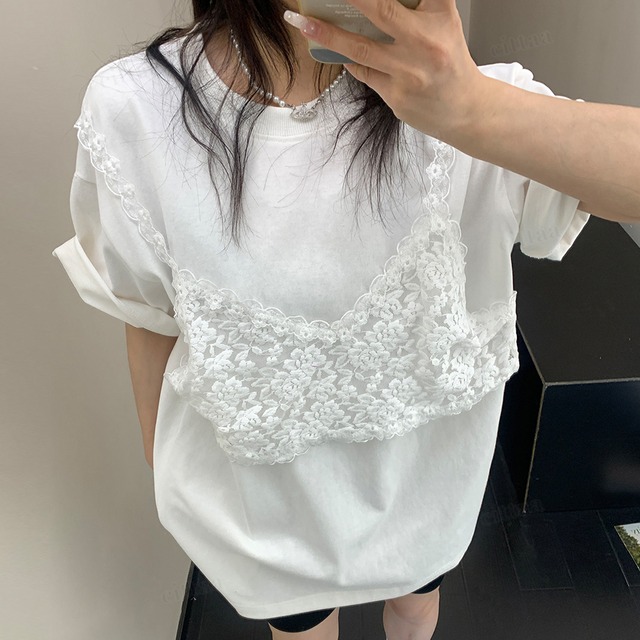 ★予約★D-964　2026春新作♡レースビスチェデザイン半袖Tシャツ　ホワイト