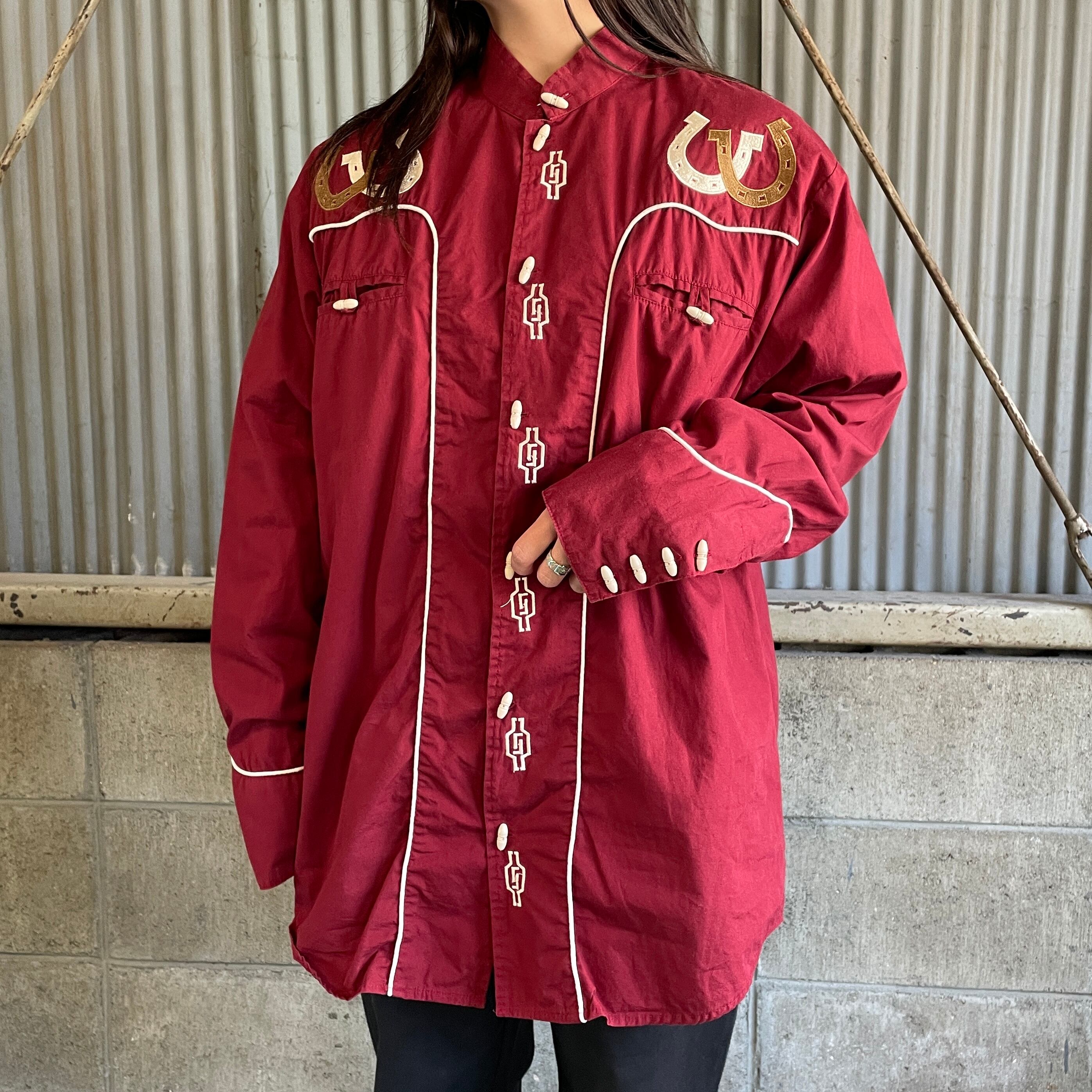 MINOTAURO 刺繍 トグルボタン スタンドカラー 長袖 ウエスタンシャツ