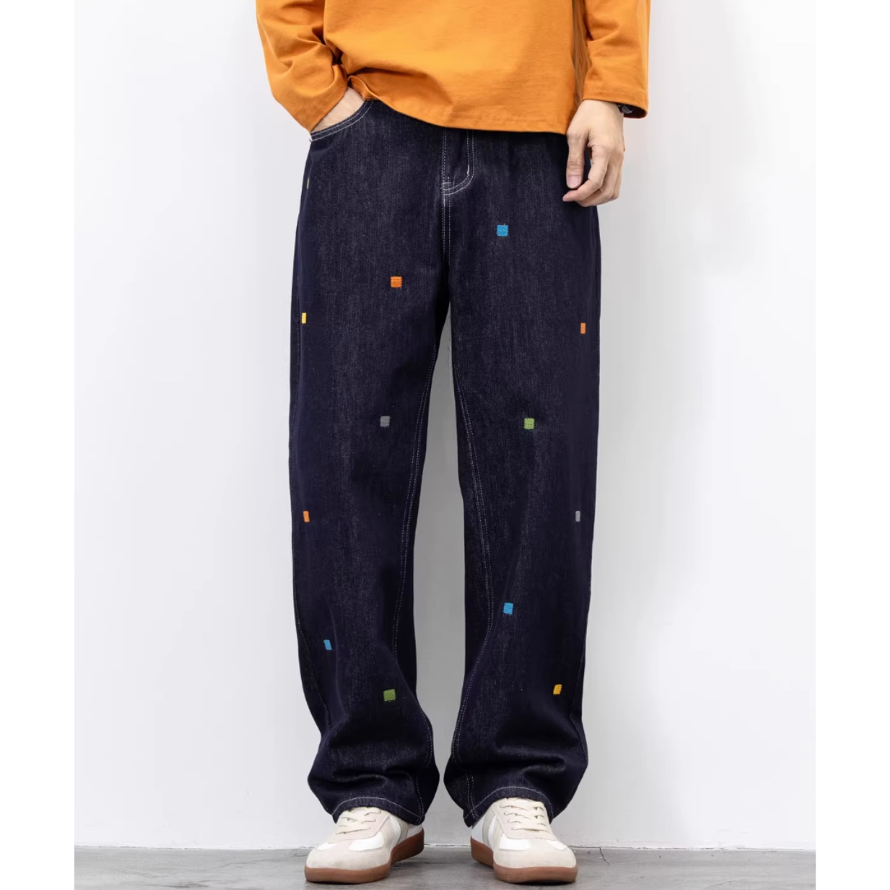 カラーステッチ ワイドストレートデニムパンツ af0364