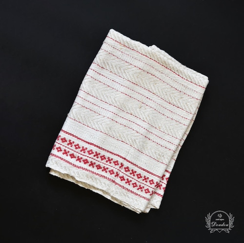 フランス・ヴィンテージ 赤い織り模様とイニシャル刺繍の未使用リネントーション【sa970】