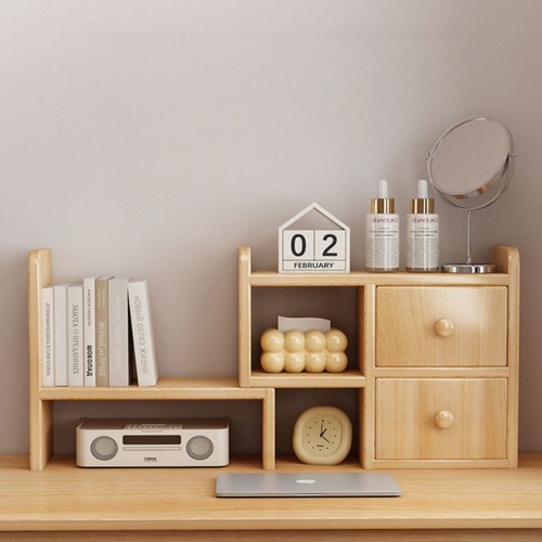 デスクトップ収納ラック 卓上ラック 本棚 ブックシェルフ 引き出し付き 伸縮式 デスクオーガナイザー 多機能収納 デスク上収納 オフィス収納 小物収納 ナチュラル 木製