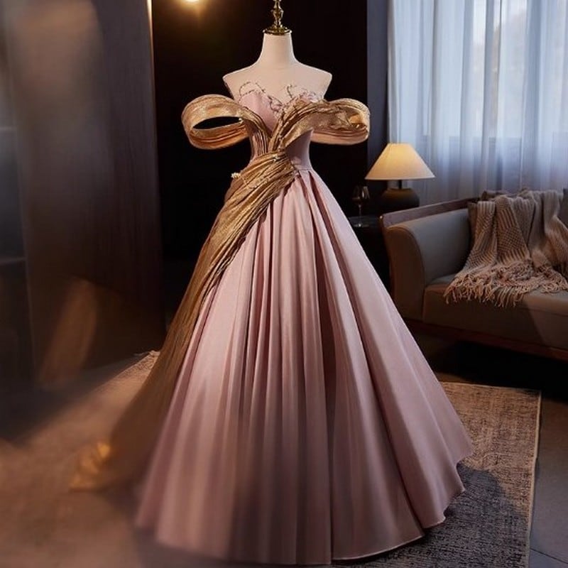 オフショルダーAラインドレス D0052