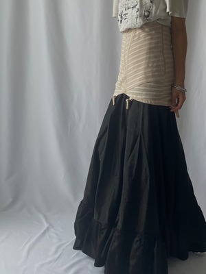 Black satin ruffle maxi skirt