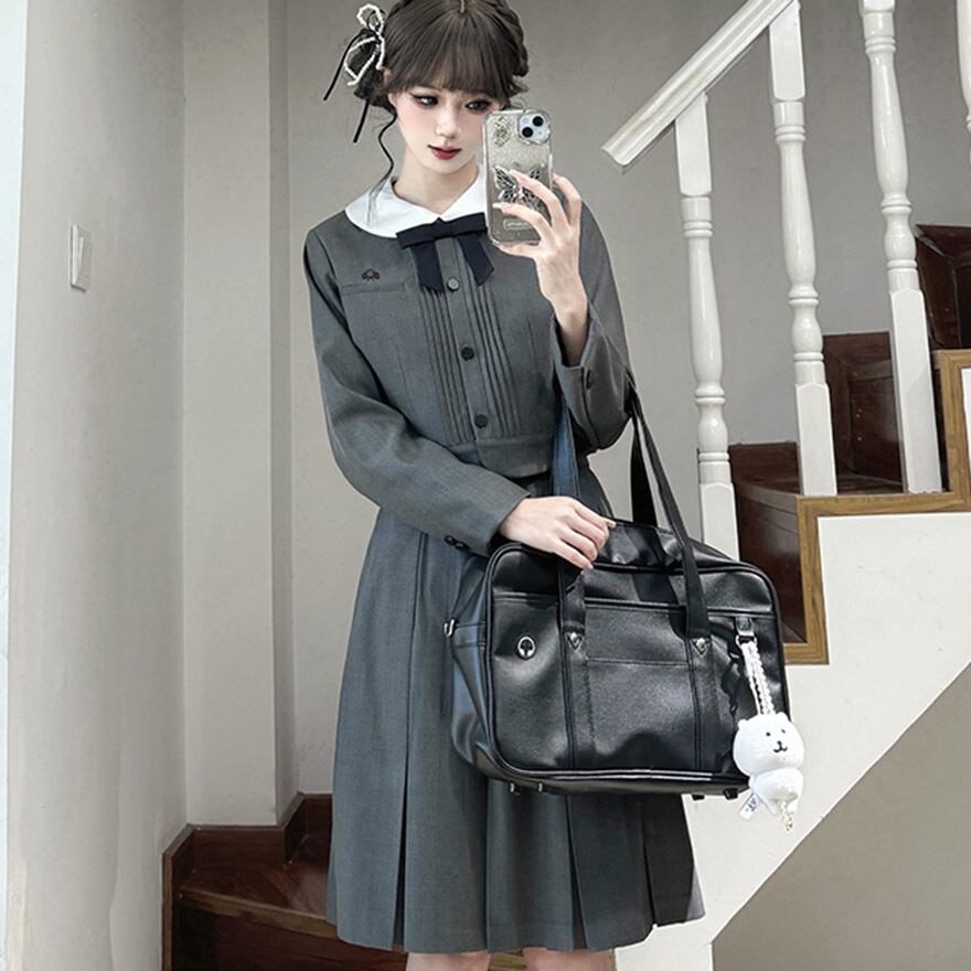 ダークグレー シャツドレス プリーツスカート クラロリ グレーミドル丈プリーツスカート JK制服向け｜WithU