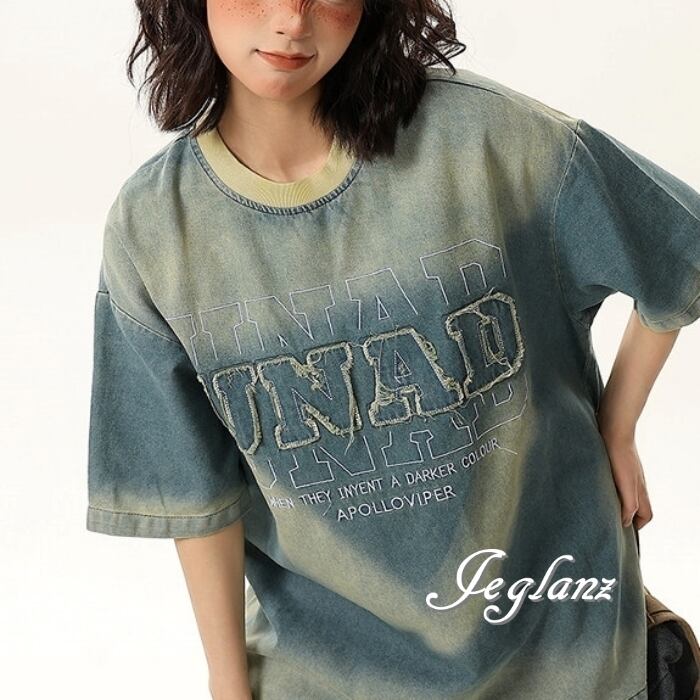 デニム ウオッシュ ダメージ ロゴ 半袖 Tシャツ ユニセックス ♪(MC487)ρ