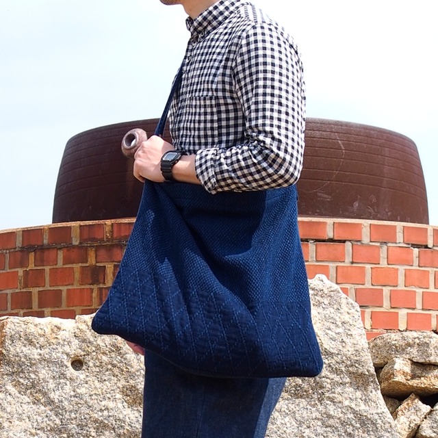 うしじま縫製　|　武州正藍染　ショルダーバッグ　大　二重刺子