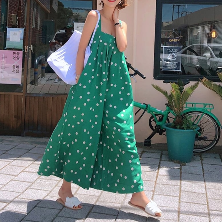 ワイドパンツサロペット】オーバーオール フレアパンツ ドット
