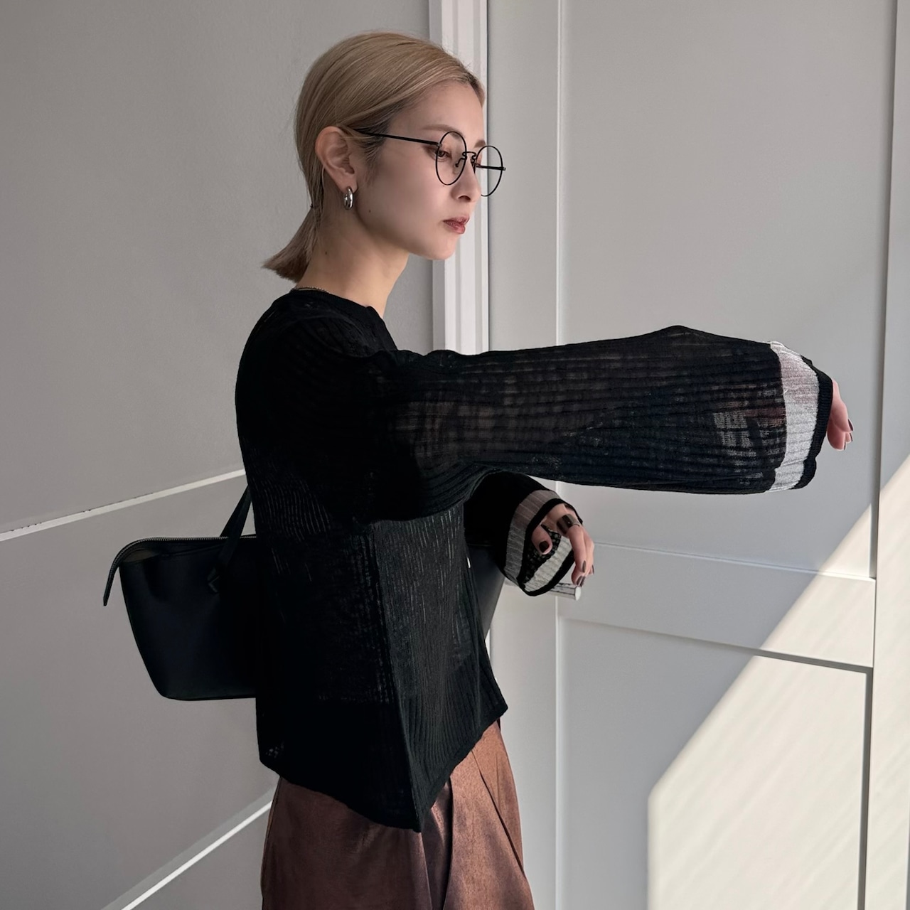 フレアスリーブシアーニットCD/ブラック