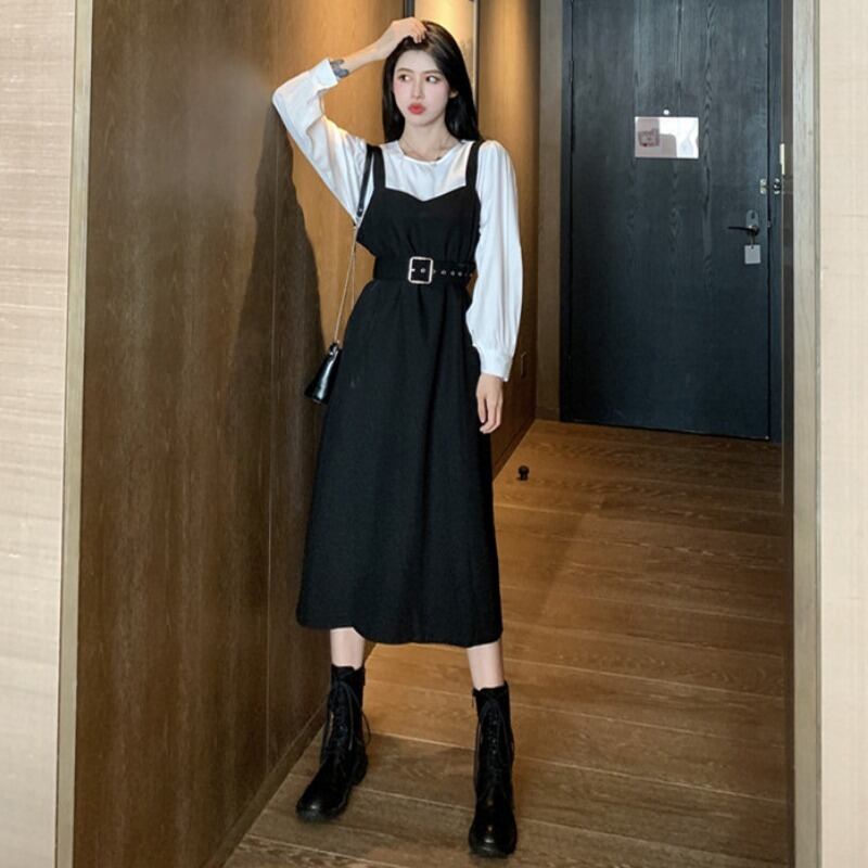 スプリングオータムスタイルルーズホワイトシャツ ウェストドレス ロング 春物 秋物 1号婦人82461102007