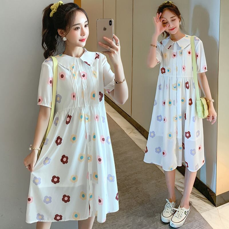 【新作】【送料無料】 マタニティウェア2020夏の新しい綿とリネンの小さな菊の襟のドレス コットン サマー 夏物 expec275186834849