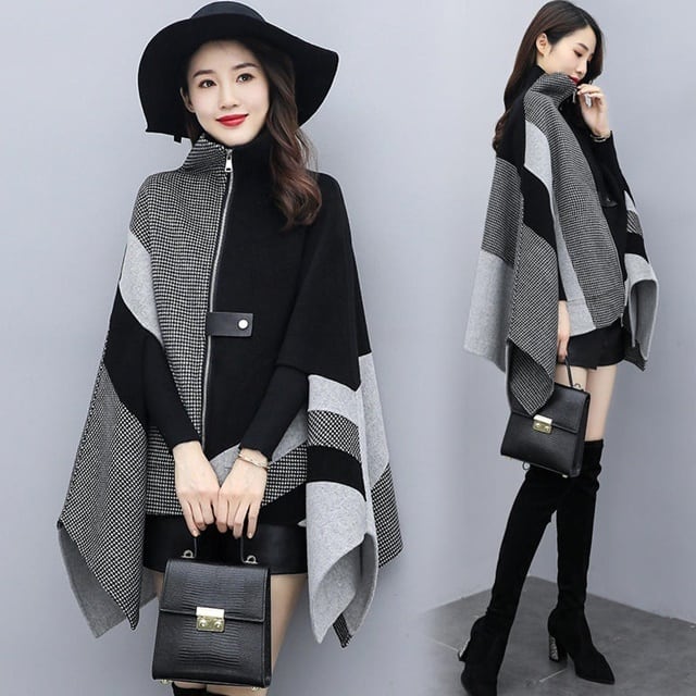 送料無料】ポンチョコート ケープ マント アウター 羽織 柄 バイカラー