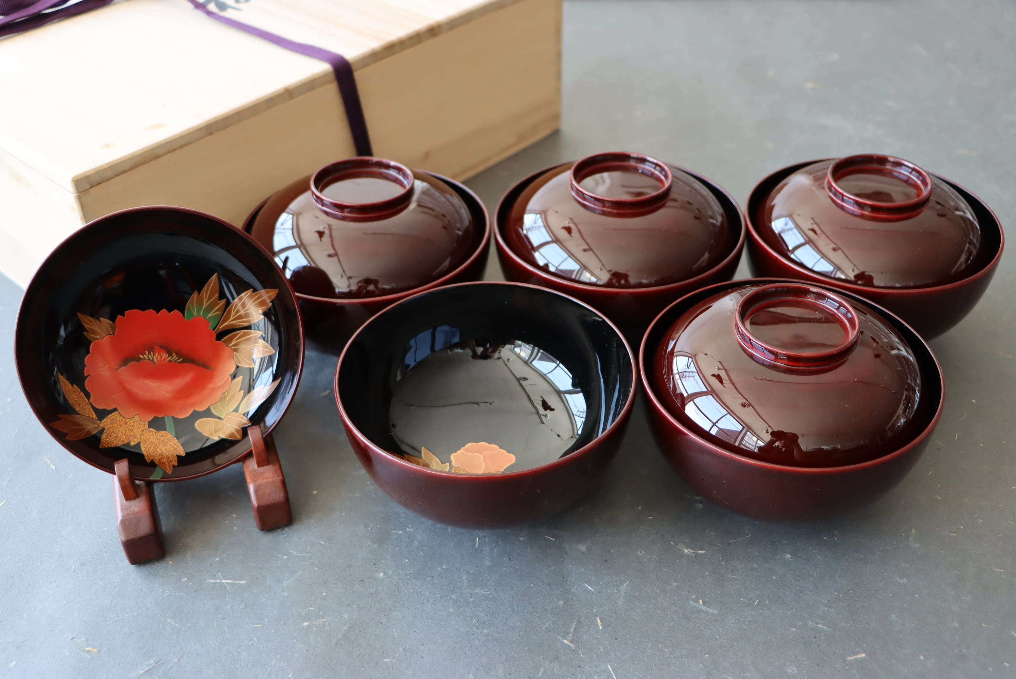 輪島塗 津田哲斎 溜塗 牡丹蒔絵 煮物椀 五客組 共箱 B/Wajima laquered