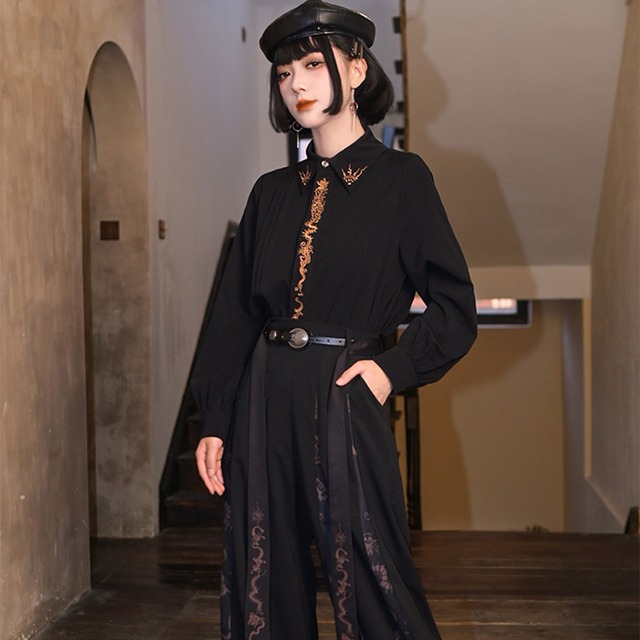 サブカル 服 地雷系 長袖 シャツ 刺繍 中華風 ゴシック 秋コーデ 古怪舎