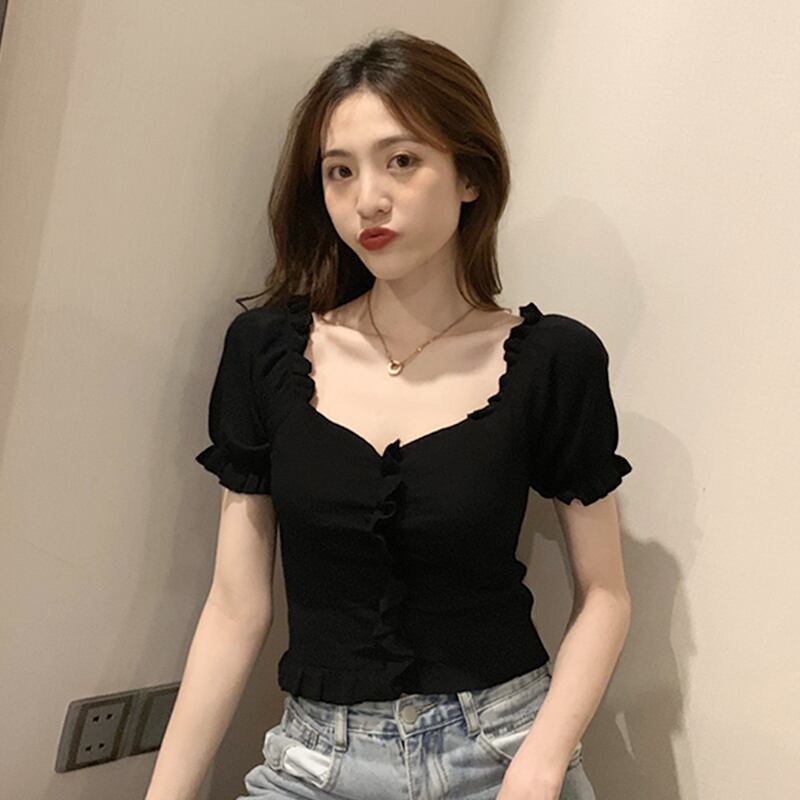 ブラックショートTシャツ サマーVネックトップス 夏物 スーパーモール1319207619