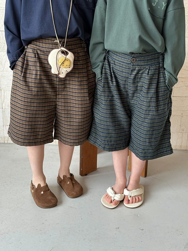 《取寄》チェック柄ハーフパンツ （イエローカーキ／グリーンカーキ） JIAY 2025春 韓国子供服 パンツ ズボン ハーフパンツ 短パン 半パン チェック柄 （80~140cm）
