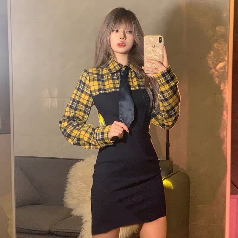 黄色 チェック ネクタイ ワンピース | LOVEYsmileSHOP