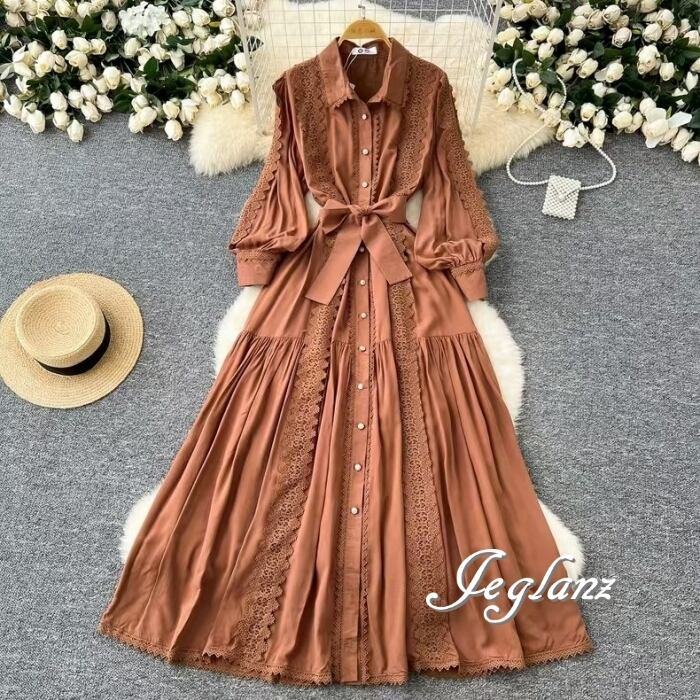 6色 シャツ ワンピ 長袖 ドレス 刺繍 レース ボタン 共ベルト ♪(MD441)ζ