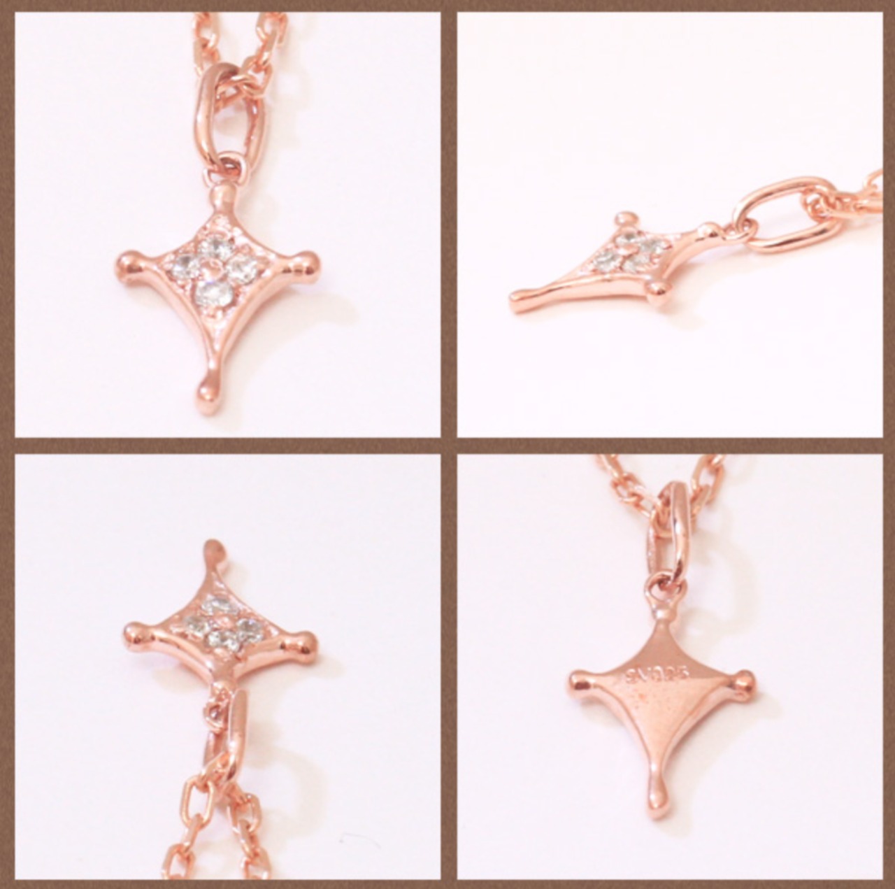 K10ピンクゴールド4粒ダイヤクロスネックレス | gracing us