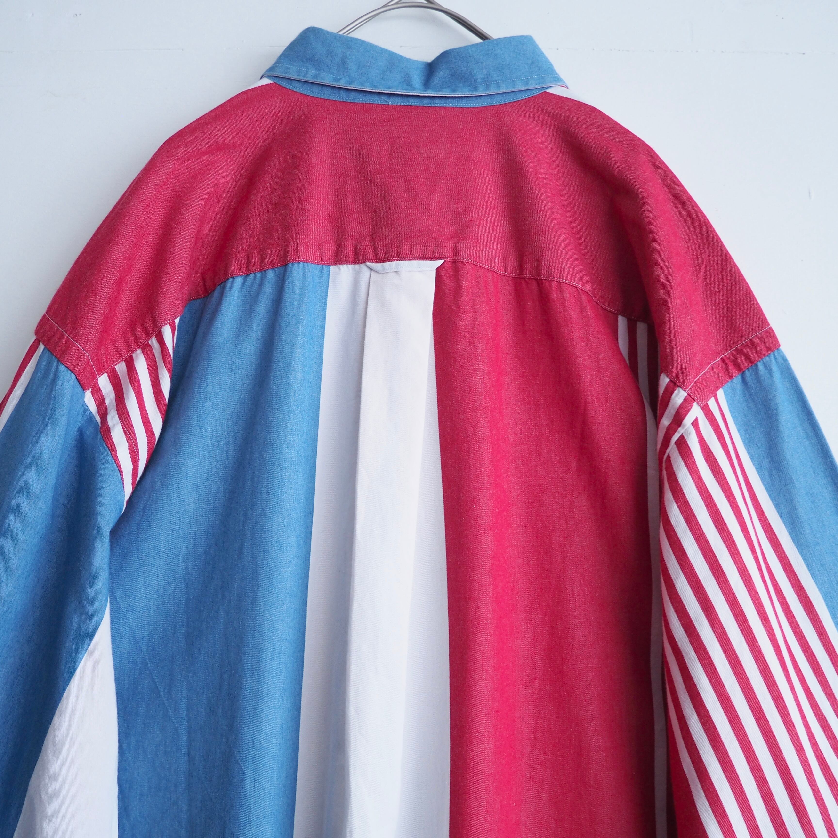 1990s ” Nautica ” tricolor color stripe pattern button down shirt (made in Usa)