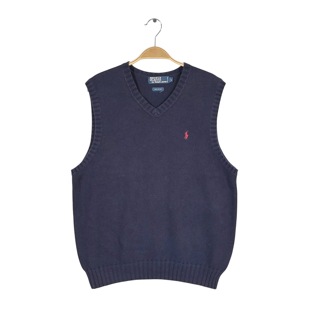 90s ポロ ラルフローレン コットンニット Vネック ベスト ワンポイント ネイビー POLO RALPH LAUREN サイズL 古着 CJ0120