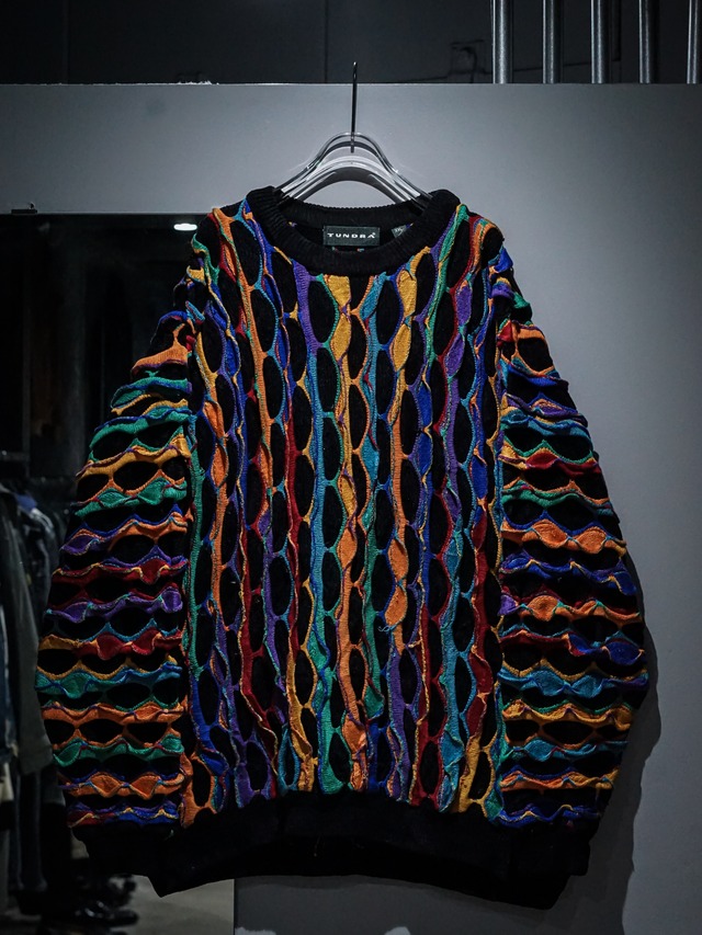 【add (C) vintage】"TUNDRA" Multicolored Artistic Wave Line Design Vintage Loose Knit