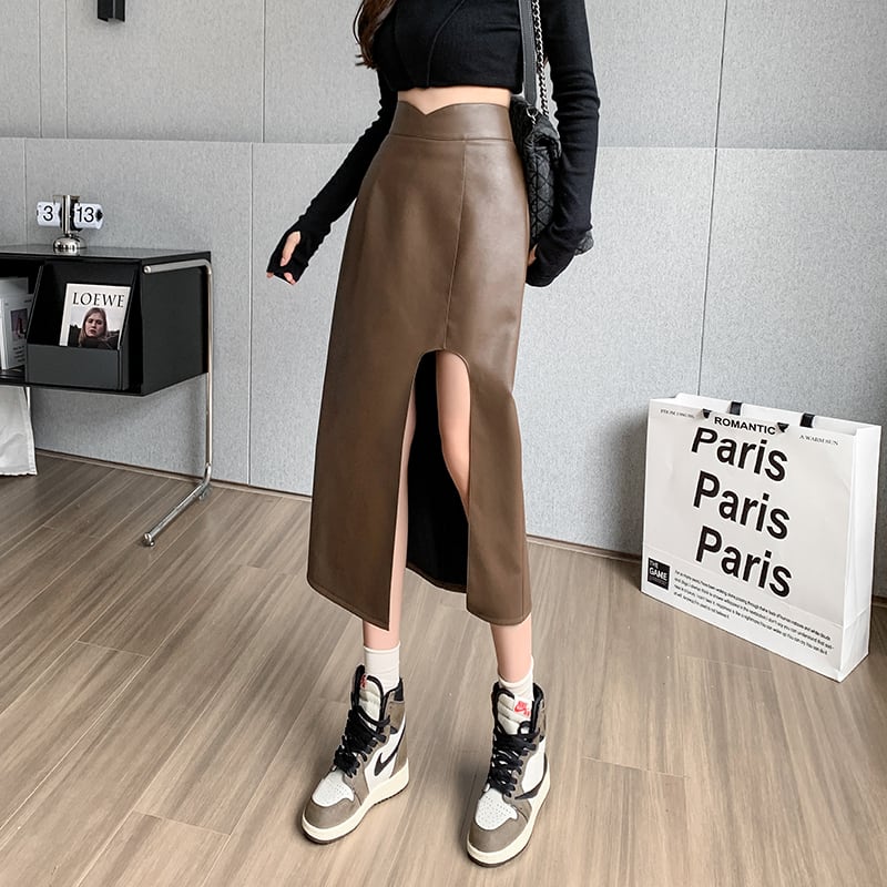 スリットフェイクレザースカートV01918