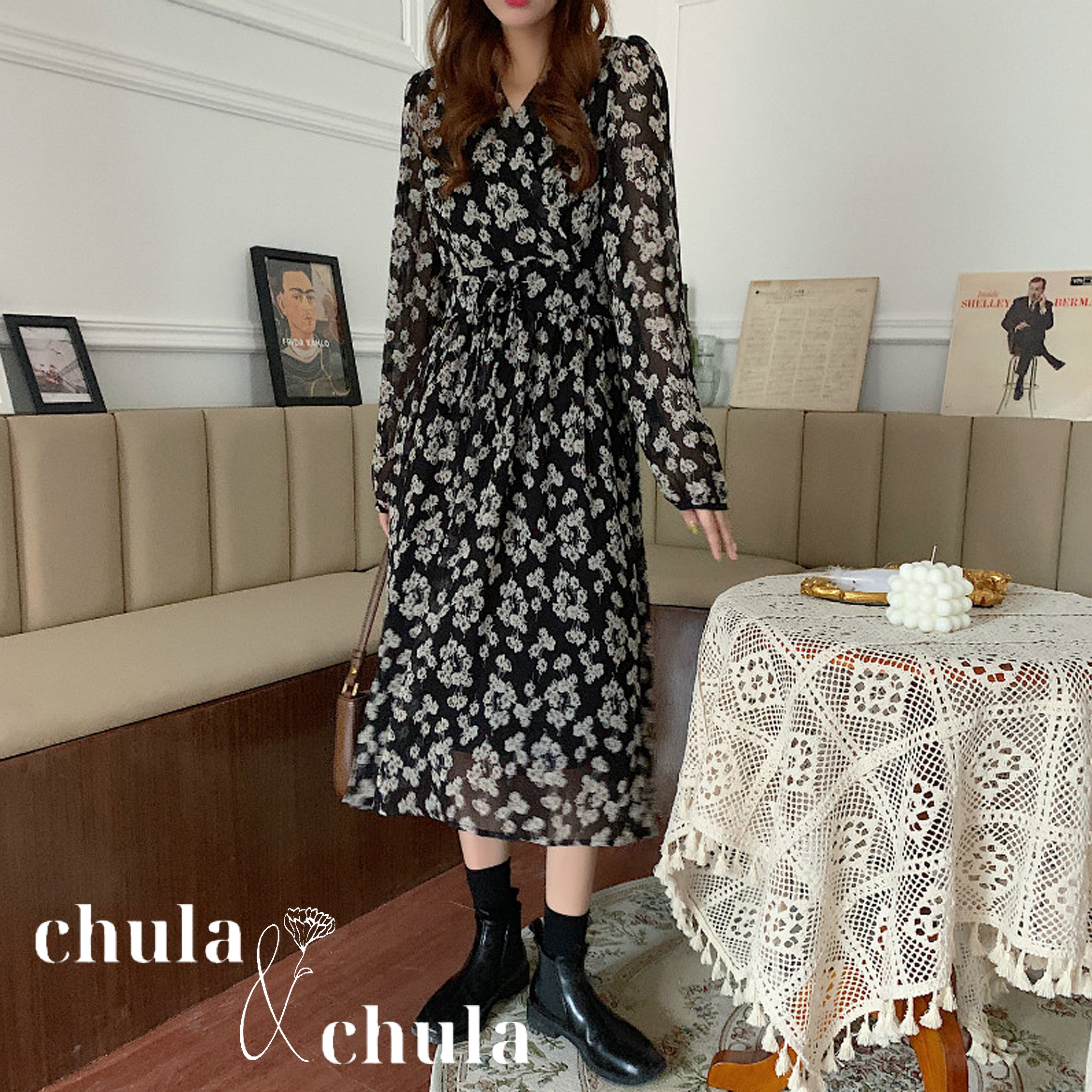 大きいサイズ レディース韓国ファッション 花柄vネックワンピース ミドル丈ワンピース 長袖 ハイウエスト シースルースリーブフェミニン 大人 Ch3630 可愛い大きいサイズ韓国レディースファッション通販 Chulachula チュラチュラ