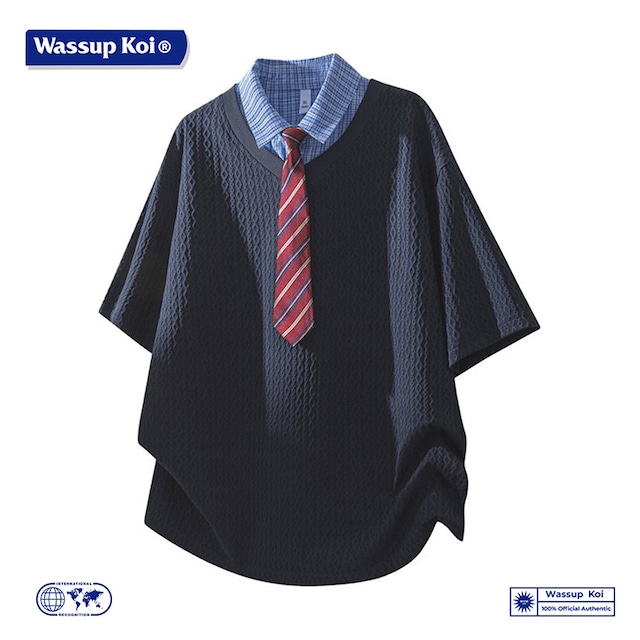 ♥ネクタイ付きPOLOシャツ！【WSシリーズ】★POLOシャツ★ ユニセックス ネクタイ付き 3color トップス 半袖 黒 青 白 フェイクレイヤード