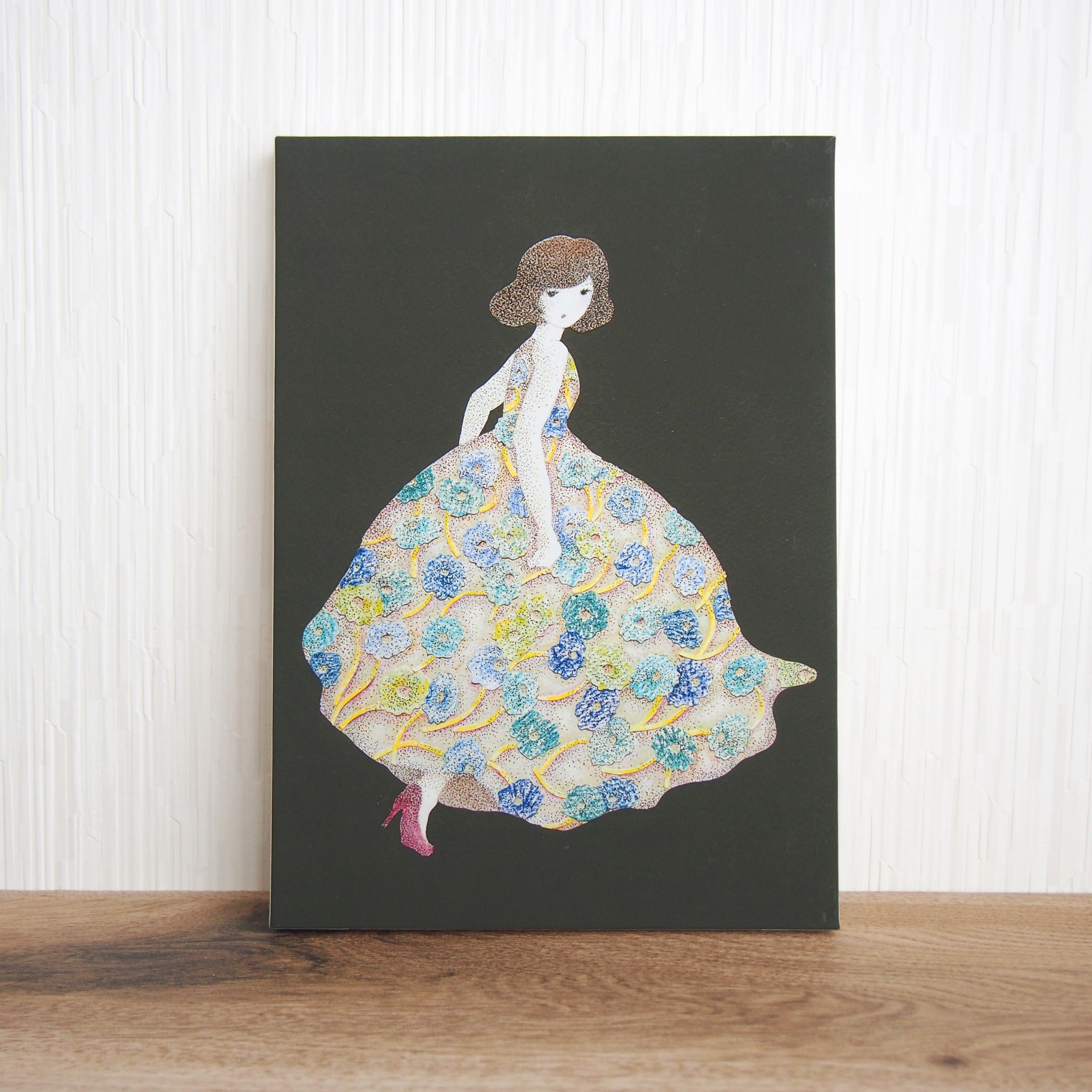 花のドレスを着た女の子の絵 (複製) 木製パネルサイズ変更可 | さらさ