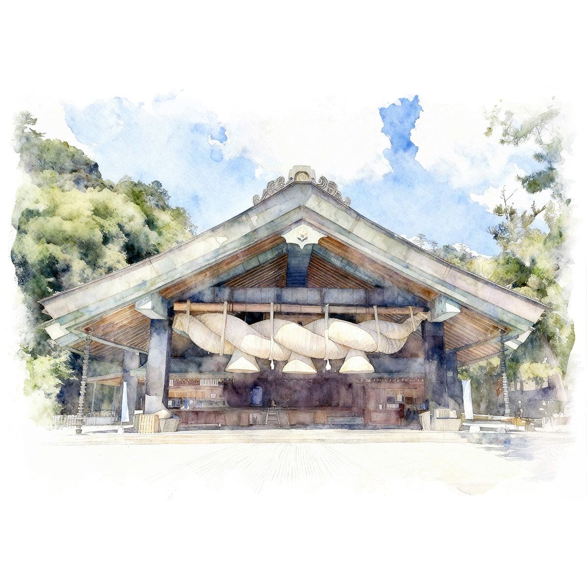 絵画(風景画) 日本 島根県 出雲大社神楽殿 インテリアアート額付き 水彩画・油絵調 WAT1293