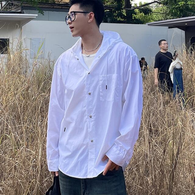 予約販売】シャツ 長袖 シンプル 無地 フード付き ベーシック
