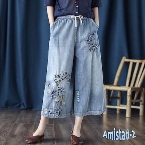 ワイドパンツ レディース 刺繍 20代30代40代 ゆったりパンツ ロングパンツ デニムパンツ ガウチョパンツ ボトムス 春夏 2024