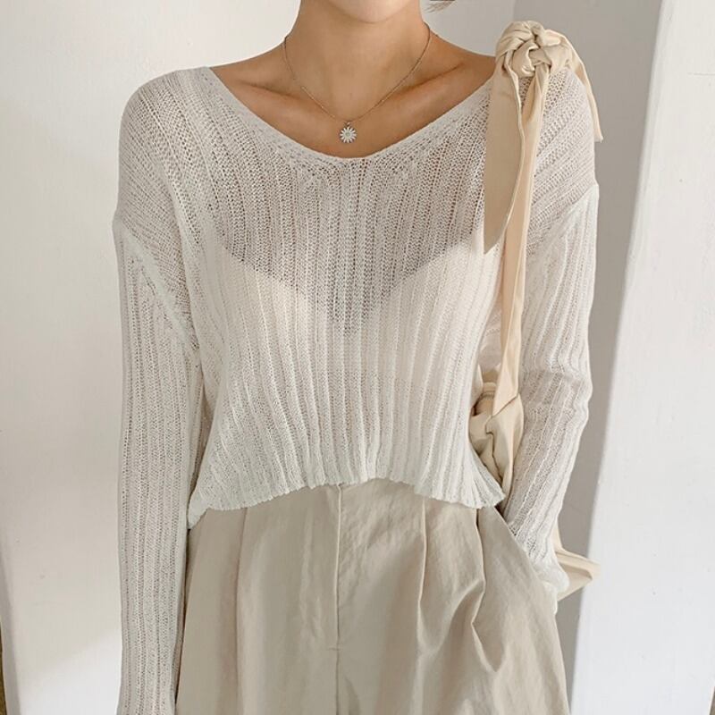 サマーVネックルーズ薄手プルオーバー セーター トップス ロング 夏物 ハンチェンe91440955076