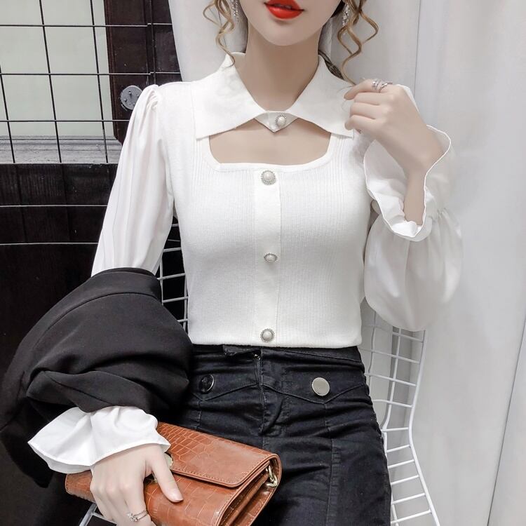 ブラウス 襟付き パール キャンディースリーブ レディース トップス 冬春コーデ