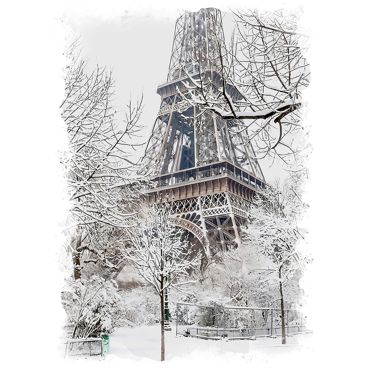 絵画 風景画(街並み) 冬 雪のフランス パリ エッフェル塔 インテリア  