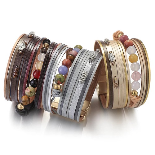 チャーム ブレスレット  ビンテージ ストーン レザー ビーズ 木の葉 リーフ レディース ナチュラル ボヘミアン