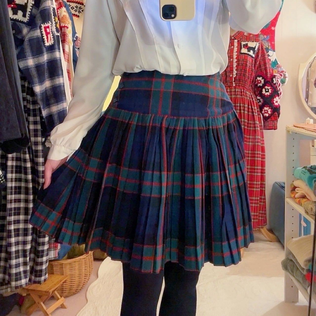 green check pleats mini skirt