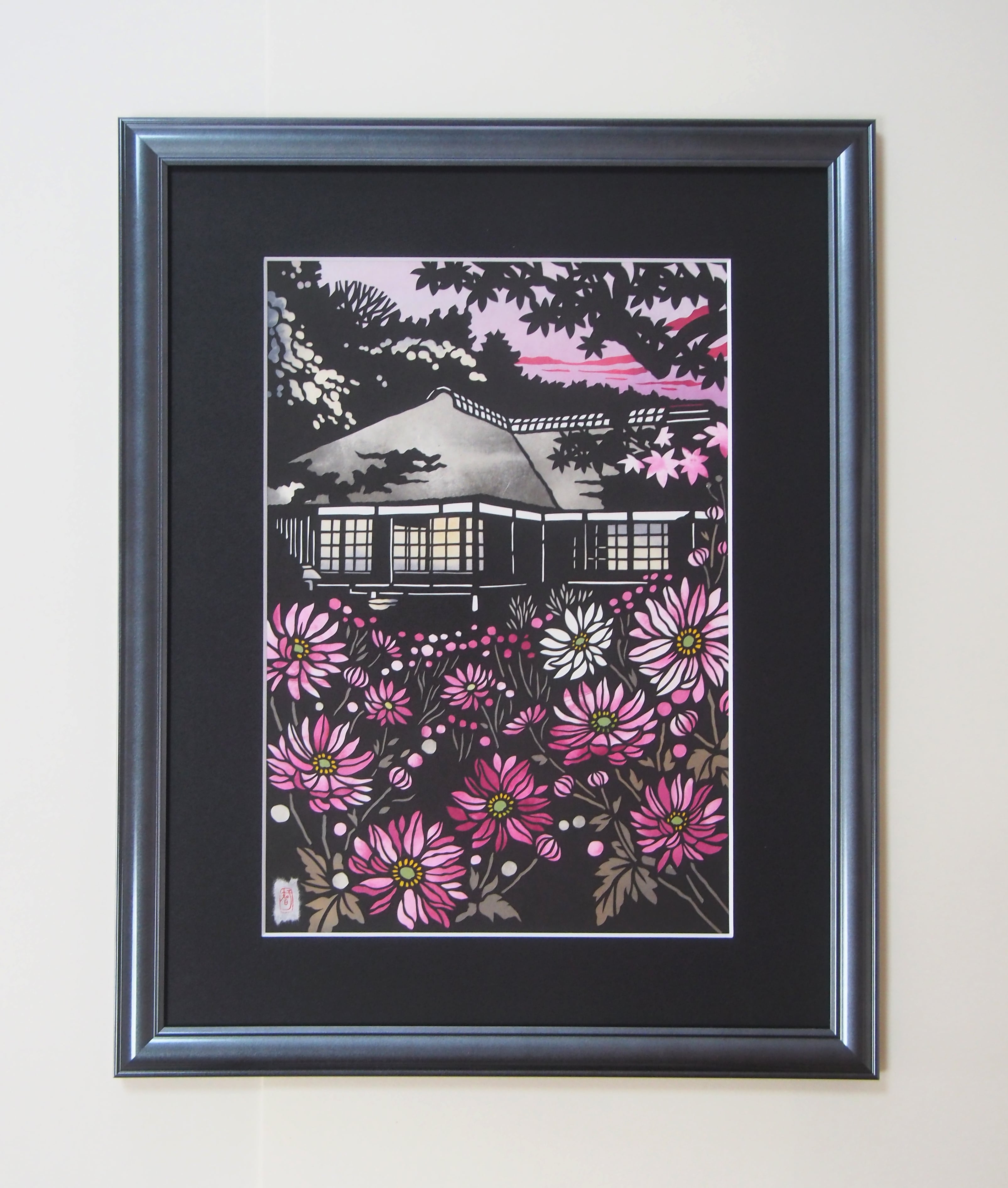 切り絵原画「茅葺き屋根と秋明菊」 | 平石智美online shop