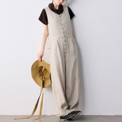 【2color】素朴な風合い♡ヘリンボーン柄ノースリーブ Vネックジャンプスーツ《P0197》