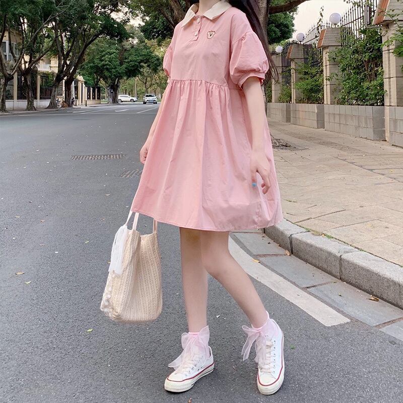 スタイルスリーブドレス サマー刺繍カラールーズスカート ピンク 大人ガーリー スウィート キュート カジュアル 夏物 萌量不足55175119886