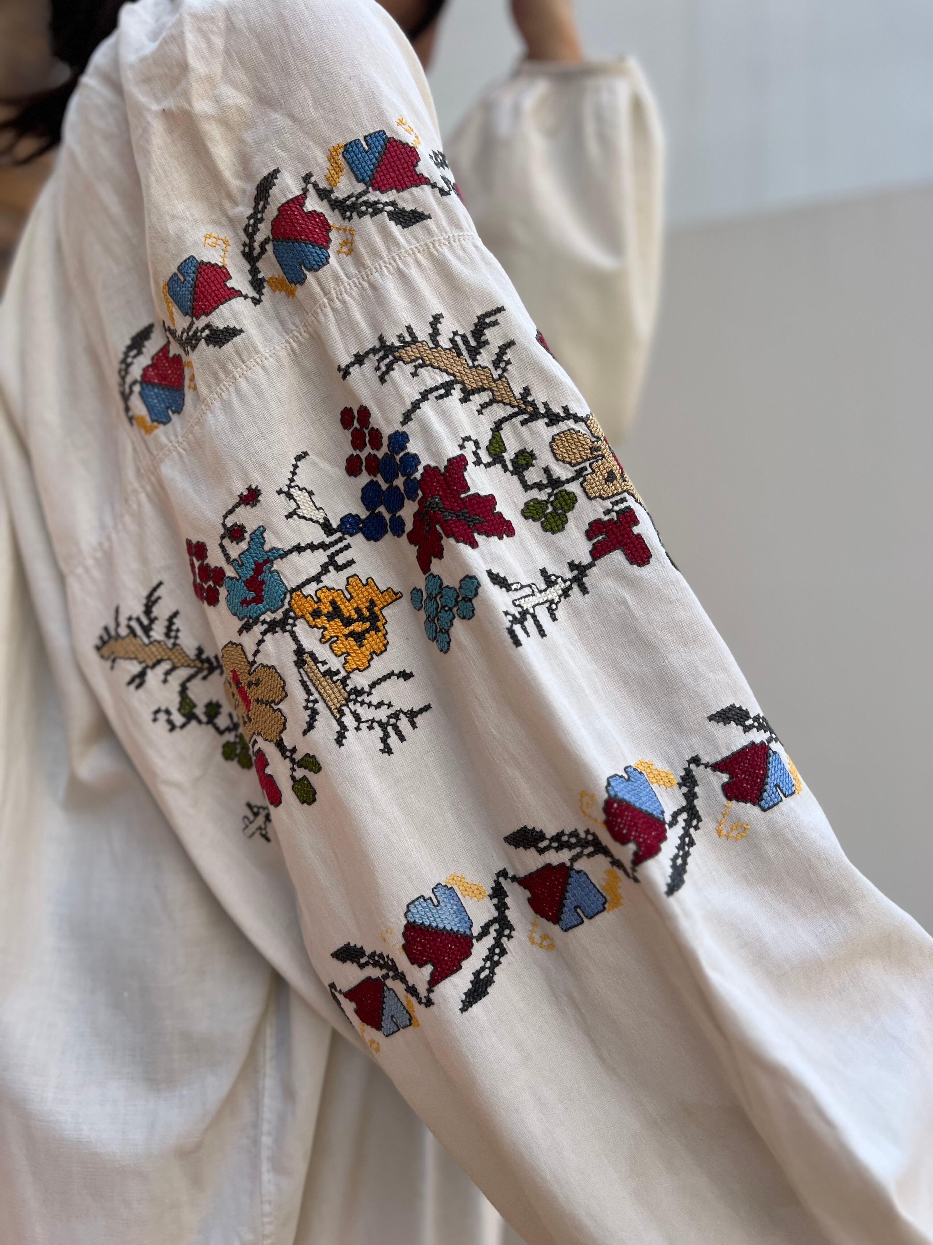 Vintage Ukraina multicolor floral embroidery white cotton dress 