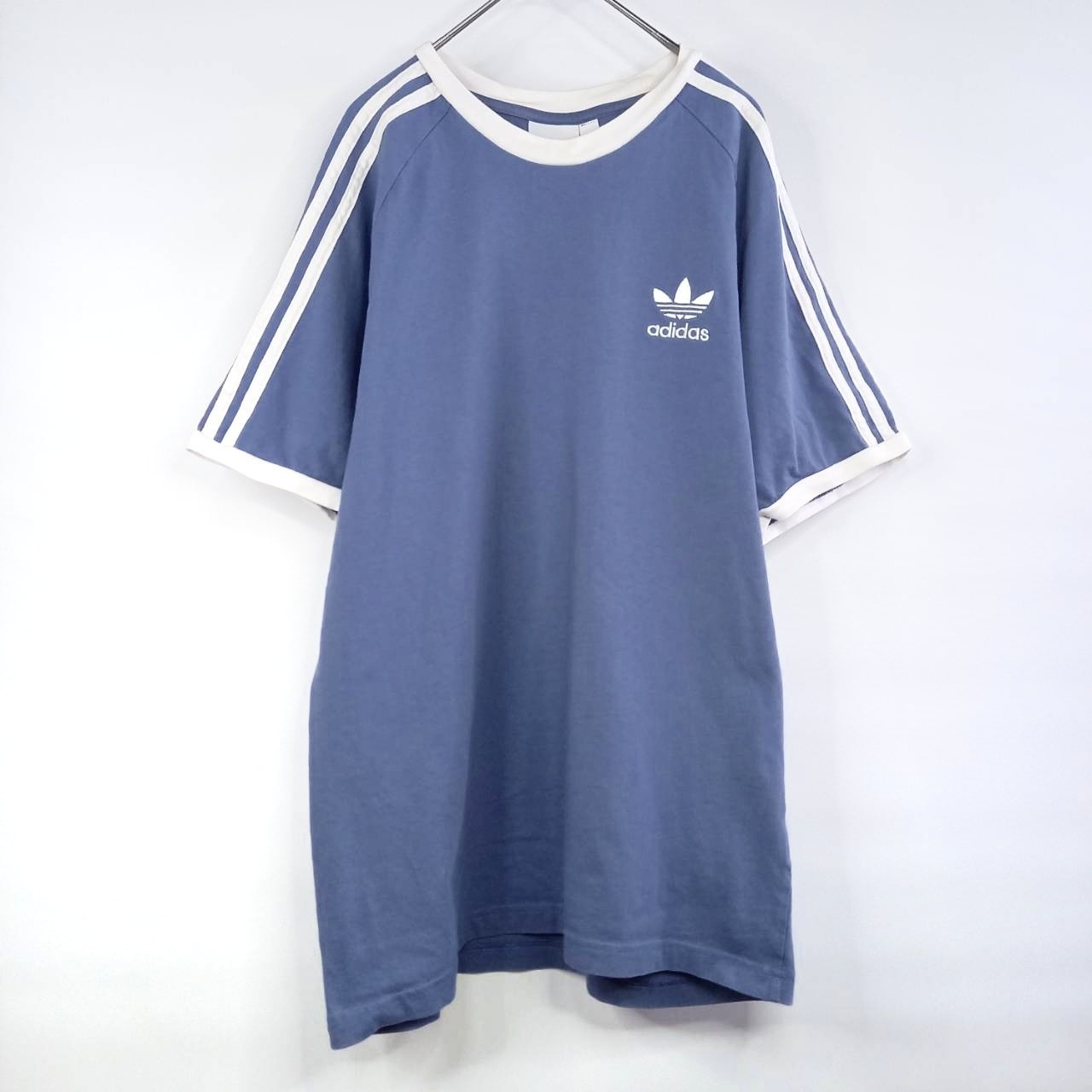 アディダス　オリジナルス　リンガーTシャツ　半袖　ストライプ　刺繍ロゴ　青　XL