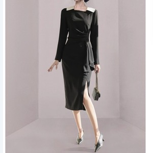 フリルウエスト スリット スリム ワンピース　G0874