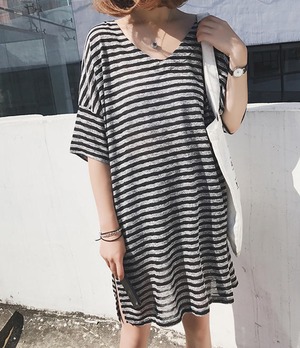 【送料無料】ワンピース 夏 半袖 Tシャツ 大きいサイズ ボーダー ゆったり 体型カバー 大人 シンプル カジュアル 30代 40代 ブラック OP-207R