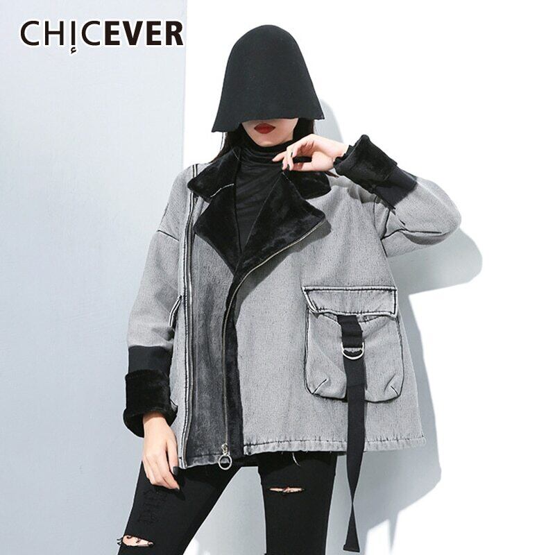 CHICEVERパッチワークデニムコートレディースラペル長袖ヒットカラーレースアップルーズオーバーサイズコート2020冬 ロング ウィンター 冬物 6base583072922115