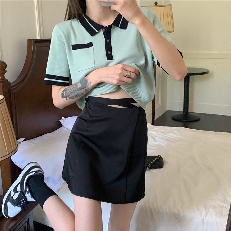 サマーカラーグリーンニットトップス Aラインスカート 夏物 モンロー19052126026