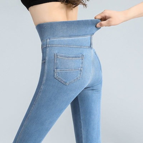 脚長効果！スキニーデニムパンツ 新型秋冬シーズンのアウターはハイウエストギャザーパンツの外履きスリムパンツ秋冬定番ハイウエストスリムレギンスロングパンツ レディース細身 ストレッチ お腹 タイ