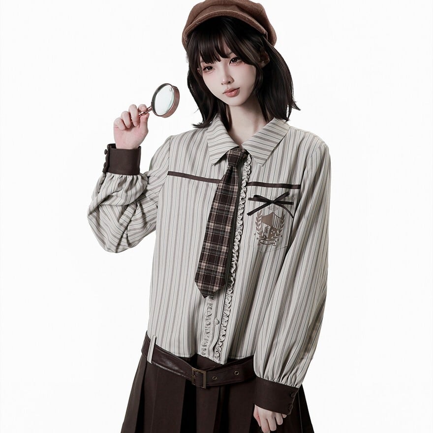 スチームパンク ベルト付きプリーツ切替 (ストライプ×ブラウン)|WithU